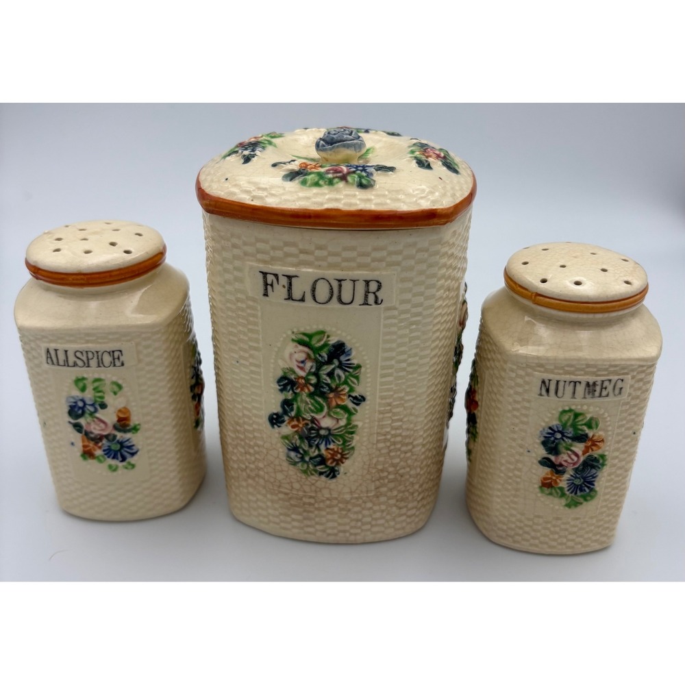 Vintage Japan Ceramic Flour Canister and Nutmeg Allspice Shakers Floral Set